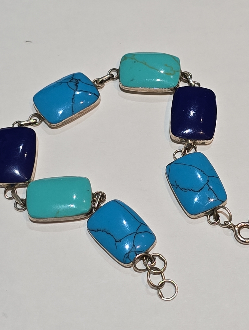 Vintage 925 Sterling Silver Blue & Turquoise Stone Link Bracelet